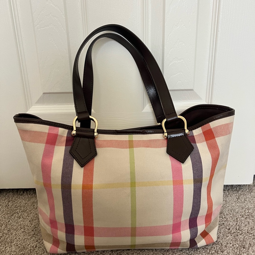 Authenticated Burberry Canvas Leather Trimmed Rainbow Checkered Shoulder Bag - Picture 2 of 12